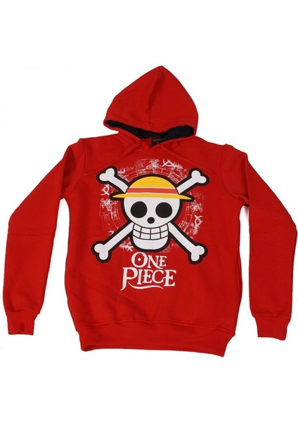 One Piece Flag Icon Hoodie Kapüşonlu Sweatshirt Kırmızı