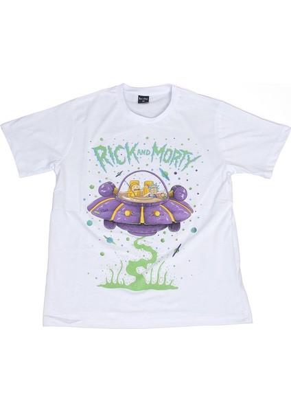 Rick And Morty Spaceship Tişört Beyaz