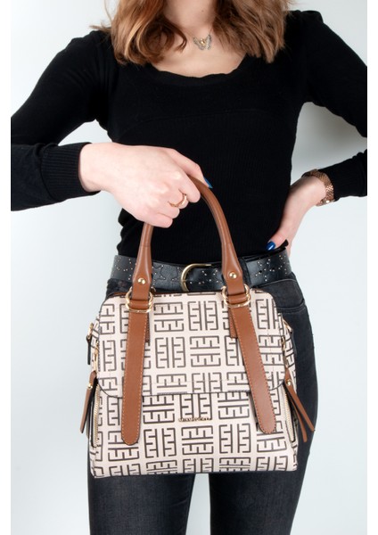 Miami Polo 1250 Kadın Omuz Çanta Kadın Çapraz Çanta Vizon-Taba-Baskılı