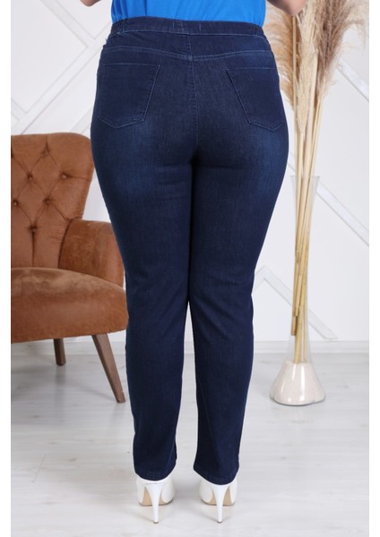 Beli Lastikli Büyük Beden Koyu Lacivert Kot Pantolon modelleri