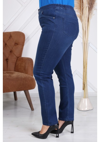 Beli Lastikli Büyük Beden Lacivert Kot Pantolon