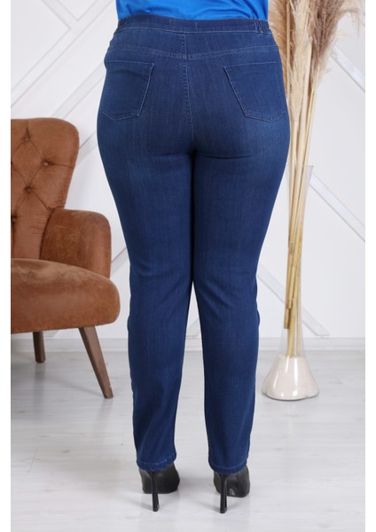 Beli Lastikli Büyük Beden Lacivert Kot Pantolon