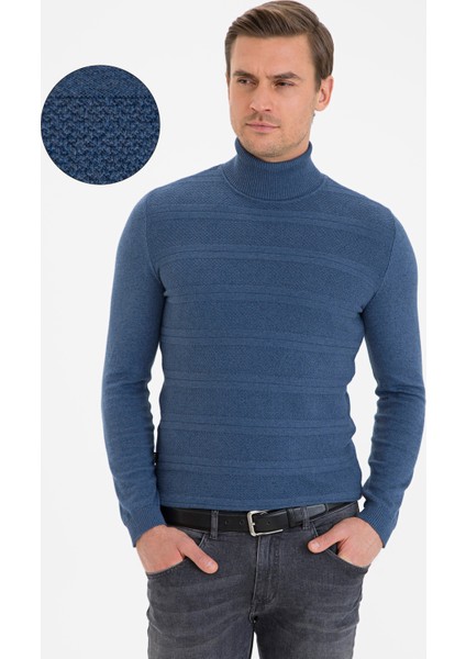 Erkek İndigo Mavi Melanj Slim Fit Triko Kazak 50233728-VR155