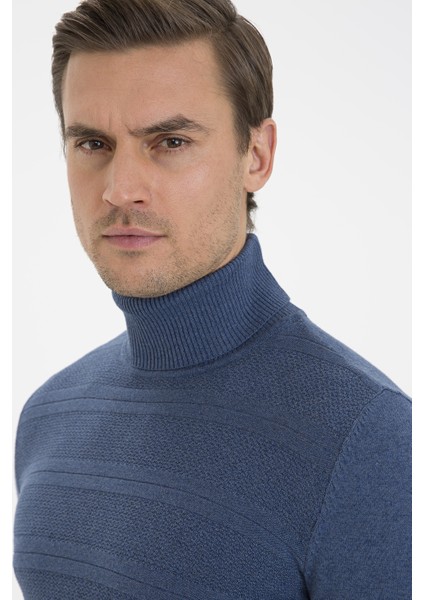 Erkek İndigo Mavi Melanj Slim Fit Triko Kazak 50233728-VR155 fiyatları