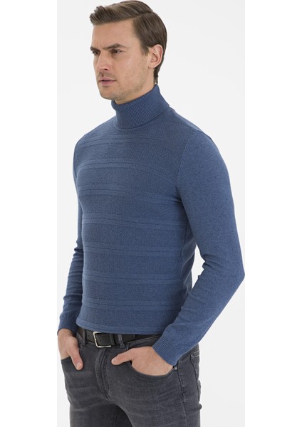 Erkek İndigo Mavi Melanj Slim Fit Triko Kazak 50233728-VR155 modelleri
