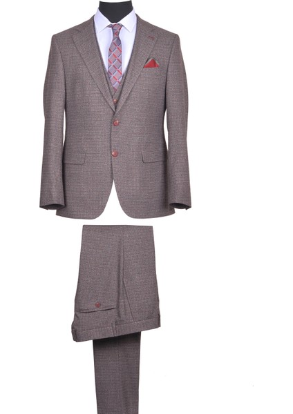 Erkek Comfort Slim Fit Desenli Yelekli Takım Elbise