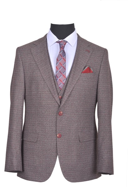 Erkek Comfort Slim Fit Desenli Yelekli Takım Elbise