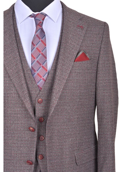 Erkek Comfort Slim Fit Desenli Yelekli Takım Elbise