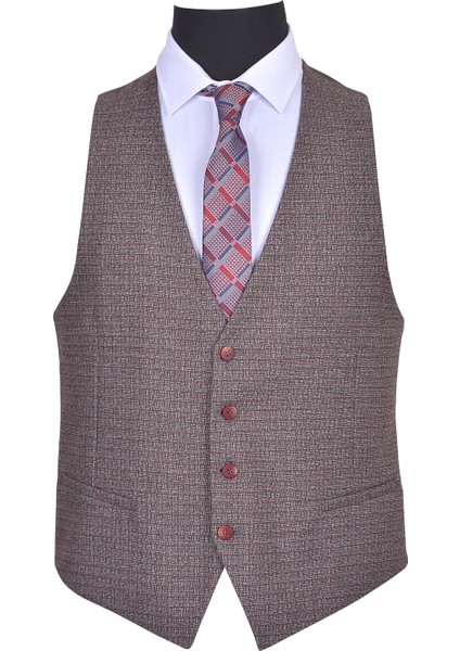 Erkek Comfort Slim Fit Desenli Yelekli Takım Elbise