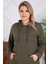 Kapşonlu Uzun Büyük Beden Haki Sweatshirt 2