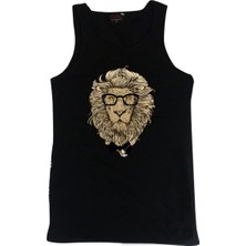 Gözlüklü Aslan Baskılı Sıfır Kol T-Shirt