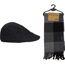 Kadim Gri Siyah Ekoseli Erkek Atkı ve Kasket Seti Hediyelik