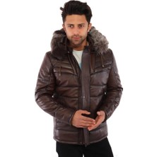 Derimont Deri Kahverengi Kapşon Kürklü Erkek Deri Ceket