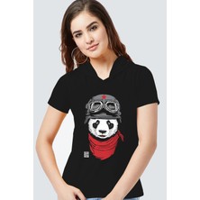 Rock&Roll Bandanalı Panda Siyah Kapşonlu Kısa Kollu Kadın T-Shirt