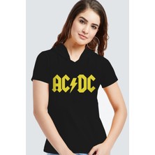 Rock&Roll Acdc Siyah Kapşonlu Kısa Kollu Kadın T-Shirt