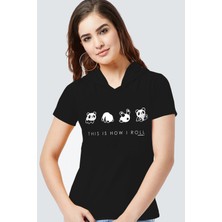 Rock&Roll Panda Taklası Siyah Kapşonlu Kısa Kollu Kadın T-Shirt