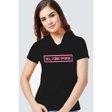 ROCKANDROLL Blackpink Pac Siyah Kapşonlu Kısa Kollu Kadın T-Shirt