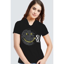 ROCKANDROLL Grafitici Astronot Siyah Kapşonlu Kısa Kollu Kadın T-Shirt