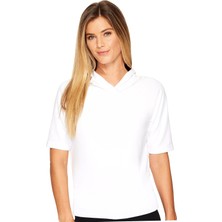 Rock&Roll Düz, Baskısız Basic Beyaz Kapşonlu Kısa Kollu Kadın T-Shirt