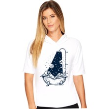 Rock&Roll Astro Duş Beyaz Kapşonlu Kısa Kollu Kadın T-Shirt