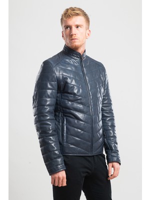 Ata Leather Erkek Deri Lacivert  Mont