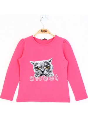 Toontoy Kız Çocuk Kedi Baskılı Tişört