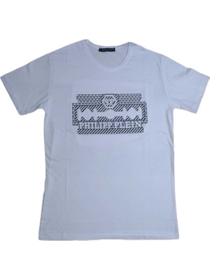 Philipp Plein Erkek Beyaz Sıfır Yakalı Kabartma Baskılı Kısa Kollu Penye T-Shirt