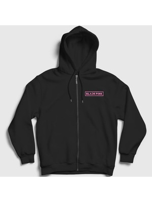 Presmono Unisex Siyah Logo Blackpink Fermuarlı Kapüşonlu Sweatshirt