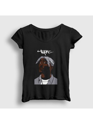Presmono Kadın Siyah Icon Tupac Shakur T-Shirt