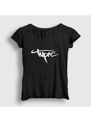Presmono Kadın Siyah Logo Tupac Shakur T-Shirt