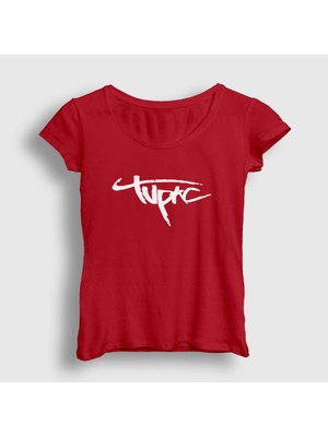 Presmono Kadın Kırmızı Logo Tupac Shakur T-Shirt