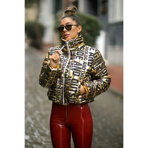 Keyifli Moda Kadın Gold Parlak Yazılı Şişme Dik Yaka Fermuar Kapamalı Mont