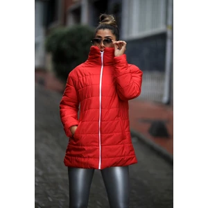Keyifli Moda Kadın Kırmızı Dik Yaka Uzun Şişme Mont