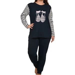 Lacivert Kadın Pijama Takımı Uzun Kollu Cepli Pamuk