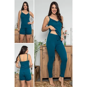 Myben Kadın Petrol Renkli Dantel Detaylı Şortlu ve Taytlı Pijama Takımı 3'lü Set 75007