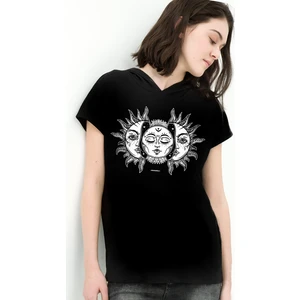 Ay Güneş Siyah Kapşonlu Kısa Kollu Kadın T-Shirt