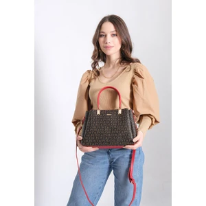 Just Polo Kahverengi-Kırmızı Kadın Baskı Desen 3 Bölmeli El ve Omuz Çanta JPT2120
