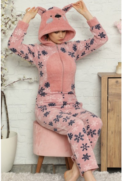 Pijama Evi Kartanesi Desenli Kadın Polar Peluş Tulum Pijama