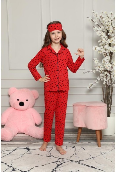 Buse & Eylül Bebe Kırmızı Kalp Desenli Göz Bandlı Kız Çocuk Pijaması