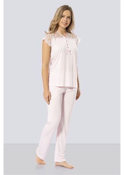 3197 Kadın Pembe Dantelli Pijama Takımı -3197