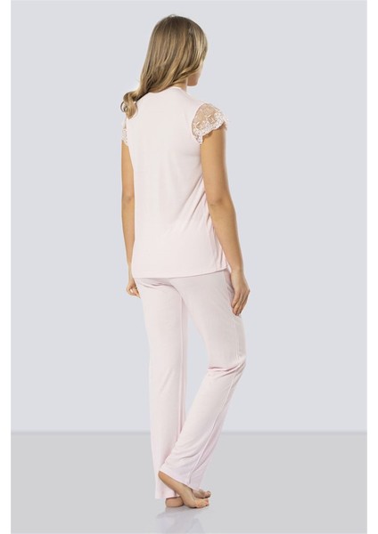 3197 Kadın Pembe Dantelli Pijama Takımı -3197