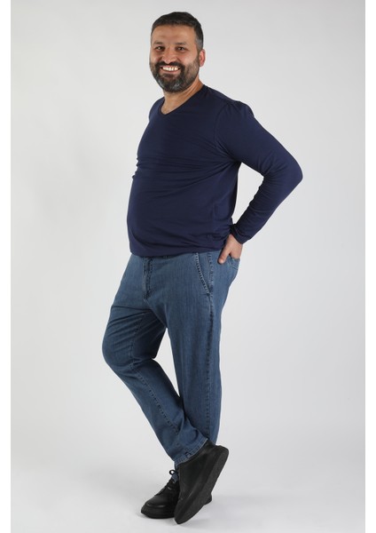 Büyük Beden Fleto Cep Jean Açık Mavi