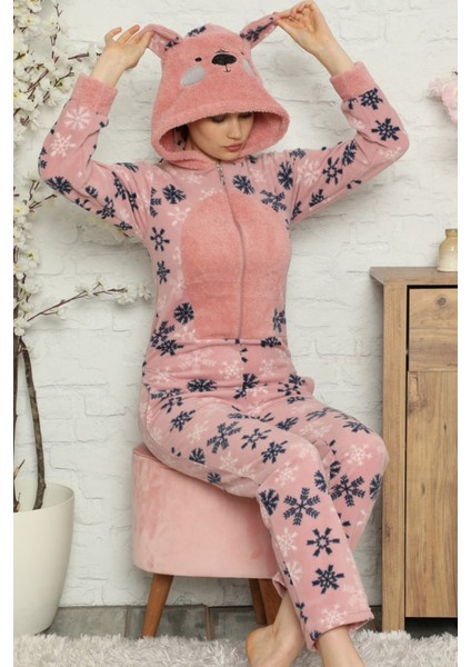 Kartanesi Desenli Kadın Polar Peluş Tulum Pijama