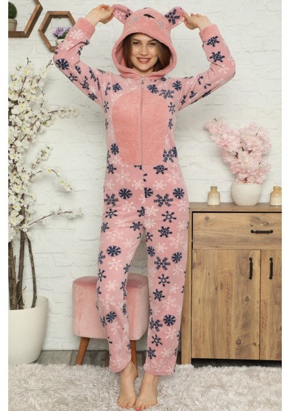Kartanesi Desenli Kadın Polar Peluş Tulum Pijama
