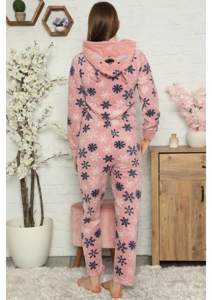 Kartanesi Desenli Kadın Polar Peluş Tulum Pijama