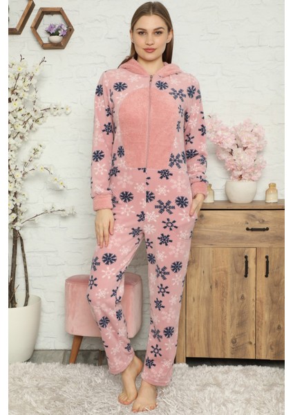 Kartanesi Desenli Kadın Polar Peluş Tulum Pijama