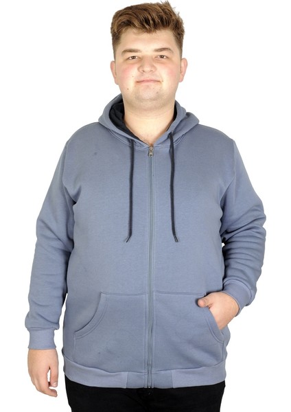 Erkek Sweatshirt Kapşonlu Zippered Basic 20543 Mavi