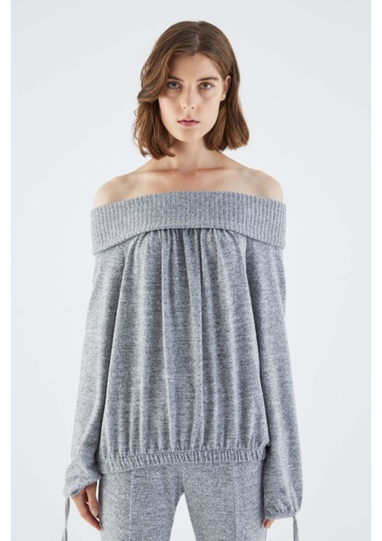 Omuz Dekolteli Gri Sweatshirt-K2154114-434