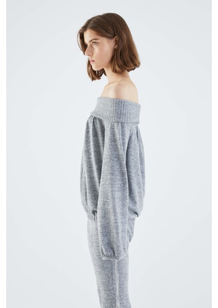 Omuz Dekolteli Gri Sweatshirt-K2154114-434