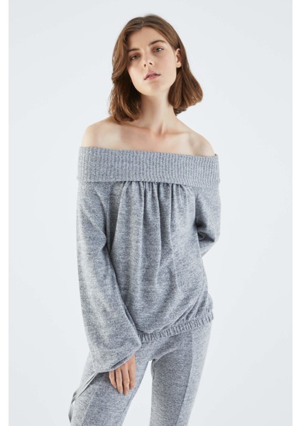 Omuz Dekolteli Gri Sweatshirt-K2154114-434